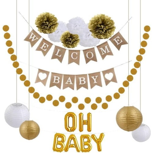 Babyshower versiering - Geboorte versiering Jongen Meisje - Babydouche decoratie - goud wit - oh baby shower feest pakket - slinger jongen meisje