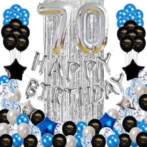 70 jaar verjaardag versiering - 70 Jaar Feest Verjaardag Versiering Set 88-delig - Happy Birthday Slinger & Ballonnen - Decoratie Man Vrouw - Blauw en Zilver