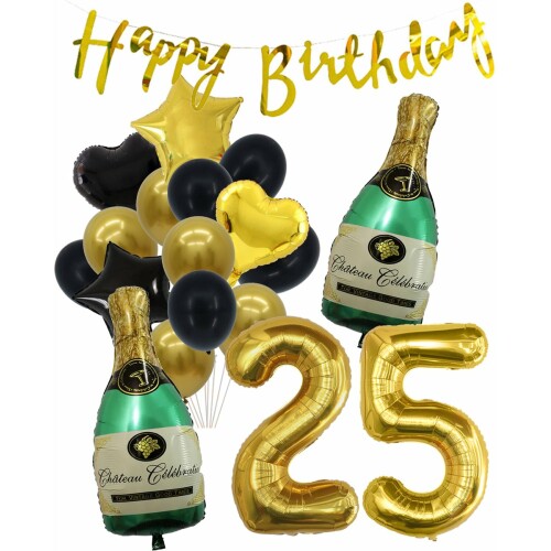 25 Jaar Verjaardag Cijferballon 25 - Feestpakket Snoes Ballonnen Pop The Bottles - Zwart Goud Groen Versiering
