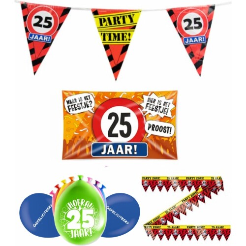 25 jaar versiering pakket - Versiering Verjaardag - Versiering 25 Jaar Verjaardag - Slingers - Gevelvlag - Ballonnen - Afzetlint - FolieBallon - Button