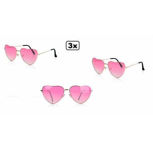3x Bril hart roze - Thema feest party festival fun flower power verjaardag love liefde zomer tropical