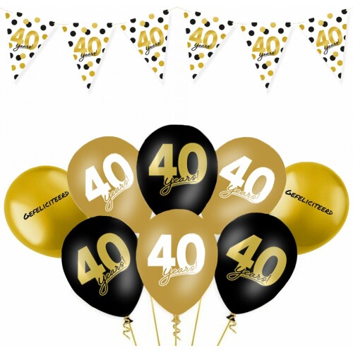 40 Jaar Verjaardag Versiering - Feest - Ballonnen & Slingers Papier - Gefeliciteerd - Goud & Zwart Decoratie - 9 Stuks