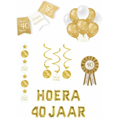 40 jaar verjaardag versiering pakket - goud wit - ballon - vlag - paperdreams