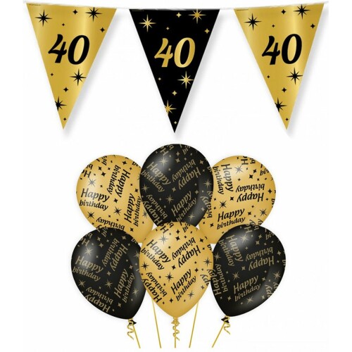 40 jaar verjaardag versiering pakket zwart/goud vlaggetjes/ballonnen