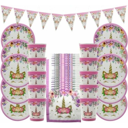 41 delige eenhoorn feest decoratie set - Uitdeel - Traktatie - Unicorn - Verjaardag - Feestje - Servetten - Bekers - Bordjes - Slinger - Vlaggetjes