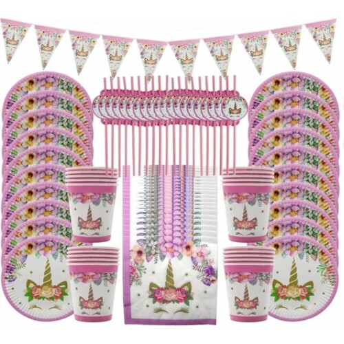 51 delige eenhoorn feest decoratie set - Uitdeel - Traktatie - Unicorn - Verjaardag - Feestje - 20 Servetten - 10 kartonnen rietjes - 10 Bekers - 10 Bordjes - 1 Slinger - Vlaggetjes