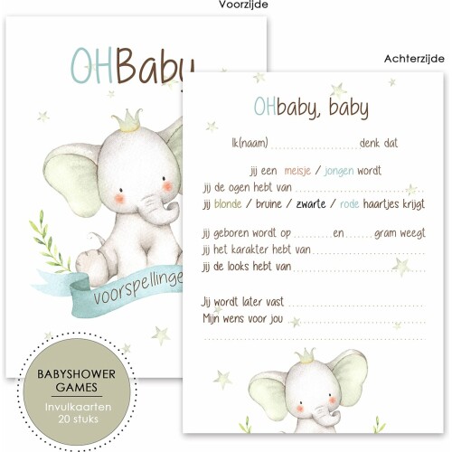 BSG510 (20 stuks)- Oh baby babyvoorspellingen - Babyshower - Babyshower Gender Reveal - Gender Reveal - Babyspelletjes - Babyshower spelletjes - babyshower invulkaarten - Babyshower versiering - invulkaarten - gender reveal versiering - Babykaarten