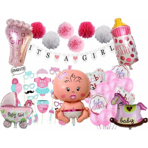 Babyshower set meisje - It's a girl ballonnen - Folie ballon baby girl - Fotoprops set meisje - It's a girl slinger - Grote folie ballonnen animatie - Feestversiering babyshower - Babyshower decoratie - Babyshower meisje versiering