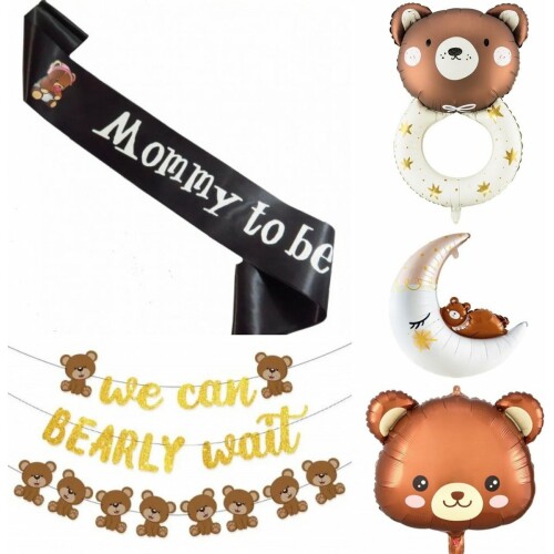 Babyshower sjerpen, slinger en folie ballonnen set zwart en goud met bruin 6-delig - babyshower - genderreveal - beer - sjerp - ballon - decoratie