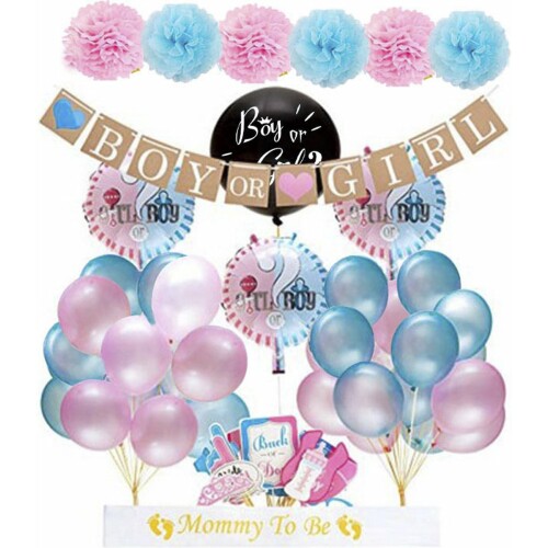 Gender Reveal Versiering Feest Pakket Babydouche - fotoprops, slingers, ballonnen en gender reveal ballon XXL- Decoratie Babyshower geboorte kind Baby Shower Jongen of Meisje