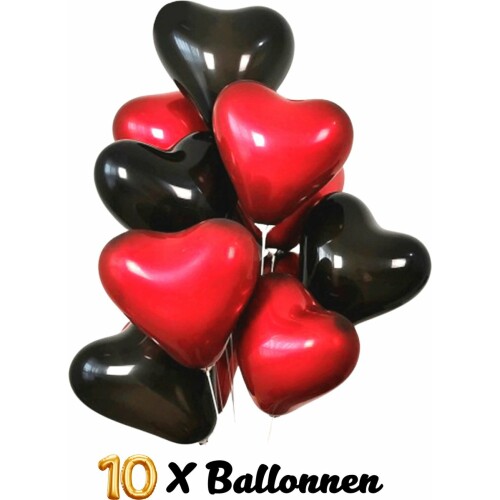Hartjes Ballonnen - 10 Stuks - Rood & Zwart - Latex Ballonnen - ⌀ 25 cm - Romantische Versiering - Valentijn - Huwelijk - Verloving - Bruiloft - Jubileum