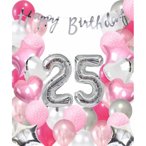 Snoes Ballonnen 25 Jaar Pink Blush Silver Mega Ballon - Compleet Feestpakket 25 Jaar - Verjaardag Versiering Slinger Happy Birthday - Folieballon - Latex Ballonnen - Helium Ballonnen - Zilver en Roze Verjaardag Decoratie