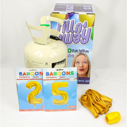 Verjaardag Versiering Pakket 25 jaar - Helium tank voor ballonnen - Versiering 25 Jaar Verjaardag Versiering Volwassenen - Ballonnen Goud & Krullint Goud - Ballonnen 25 jaar - Pakket 2 cijfers 34" + Helium Tank + 10x Ballon metallic + Krullint