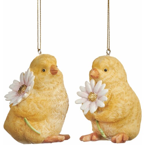Viv! Christmas Paasdecoratie Hanger - Kuikens met Bloem - set van 2 - pasen - geel wit - 8cm