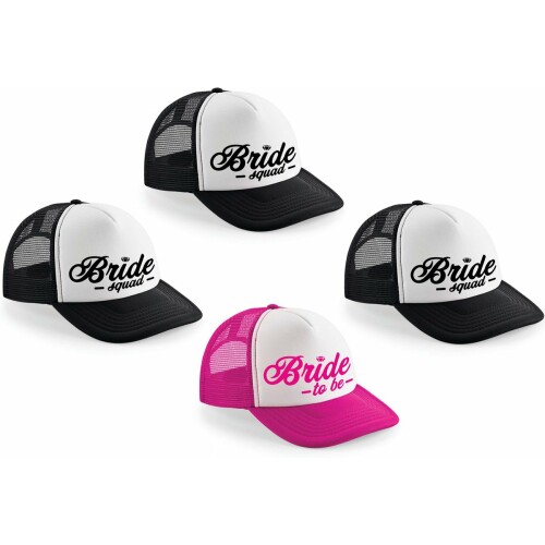 Vrijgezellenfeest dames petjes sierlijk - 1x Bride to Be roze + 9x Bride Squad zwart - Vrijgezellen vrouw accessoires/ artikelen