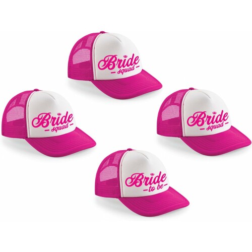 Vrijgezellenfeest dames petjes sierlijke letters - 1x Bride to Be roze + 9x Bride Squad roze - Vrijgezellen