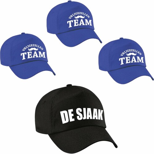 Vrijgezellenfeest heren petjes - 1x De Sjaak zwart + 9x Vrijgezellen team blauw- Vrijgezellen mannen accessoires/ artikelen