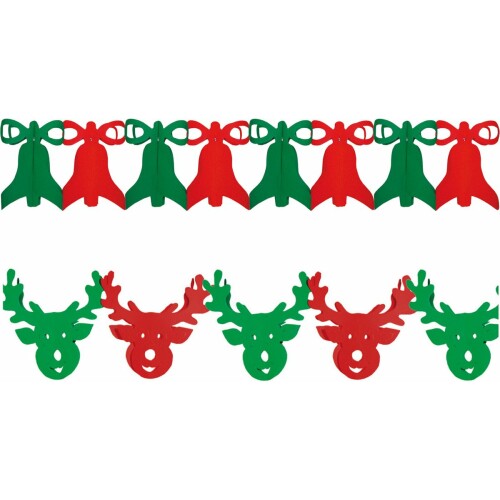 Kerstversiering slingers - set 2x stuks - kerstklokken en rendieren - 300 cm p/stuk - papier - rood/