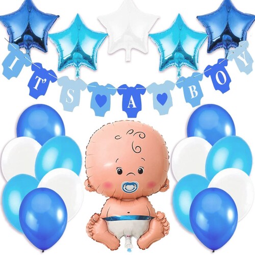 TRANKIELO® - Babyshower Decoratiepakket voor Jongens - Inclusief XXL Folieballon, Sterrenfolieballonnen en Kleurrijke Ballonnen - Blauw Thema