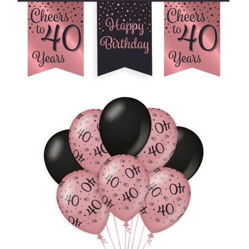 40 Jaar Verjaardag Decoratie Versiering - Feest Versiering - Vlaggenlijn - Ballonnen - Man & Vrouw - Rosé en Zwart