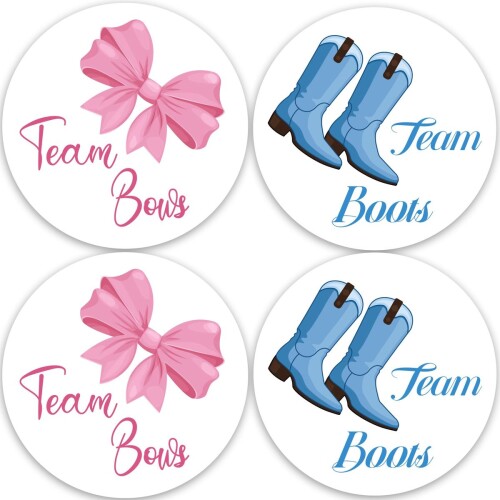 100 Stuks Gender Reveal Stickers - 5cm Rond - Schattige Roze Bogen en Blauwe Laarsjes Decals voor Babyshower Decoratie