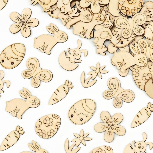 100 Stuks Paasdecoratie voor Tafel - Konijnen, Eieren, Bloemen - Houten Paasdecoratie