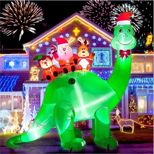 6-7 Voeten Hoge Opblaasbare Kerstversiering Dinosaurus - Kerst Opblaasboten Dinosaurus met Elf Rendier Kerstman Opblazen Xmas Buiten Binnen Decoratie Thuis Vakantie Gazon Tuin Feestartikelen