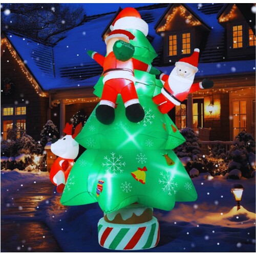 9,8FT Opblaasbare Kerstboom Decoratie Met Kerstman & Rendier - Reuze Opblaasbare Kerstversiering Met LED-Lampjes Kerstmis Figuur Blaas Omlaag Werfdecoratie Voor Kerstfeest Tuin Patio Gazon