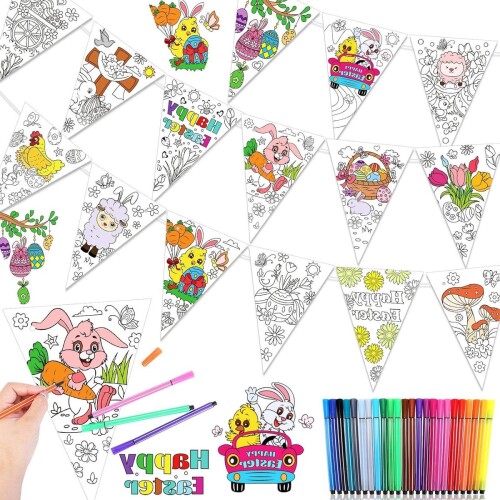 Allecto Plus - Kleur Je Eigen Paasslinger - 15 Stuks - Vlaggenbanner Met Paashaas en Paasei Motieven - Doe-Het-Zelf Paasambachten voor Kinderen - Paasdecoraties - Happy Easter Banner - Paasactiviteiten - Paasgeschenken - Creatieve Paasdecoraties