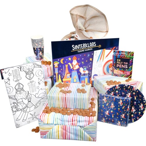 Tafelpakket Sinterklaas Met Gratis Jute Zak - Sinterklaas Cadeautjes Kinderen - Sinterklaas Decoratie en Versiering - Placemat Kleurboek, Tafelkleed, Bekers, Borden, Servetten, Viltstiften - Vanaf 3 Jaar