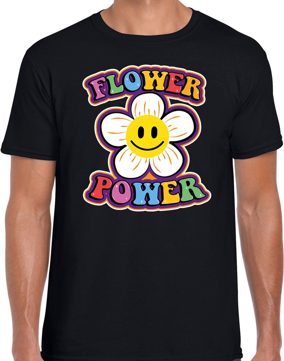 jaren 60 flower power verkleedkleding t shirt zwart met emoticon bloem heren hippies sixties l Jaren 60 Flower Power - verkleedkleding - t-shirt - zwart - met emoticon bloem - heren - hippies - Sixties L