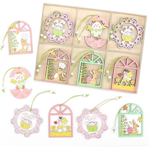 Premium - Houten paasdecoratie voor Pasen - 18 stuks - Hangende paasversiering - Paashaas hangers - Lentedecoratie