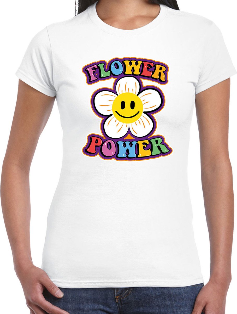 jaren 60 flower power verkleed shirt wit met emoticon bloem dames sixties/jaren 60 kleding xxl Jaren 60 Flower Power verkleed shirt wit met emoticon bloem dames - Sixties/jaren 60 kleding XXL