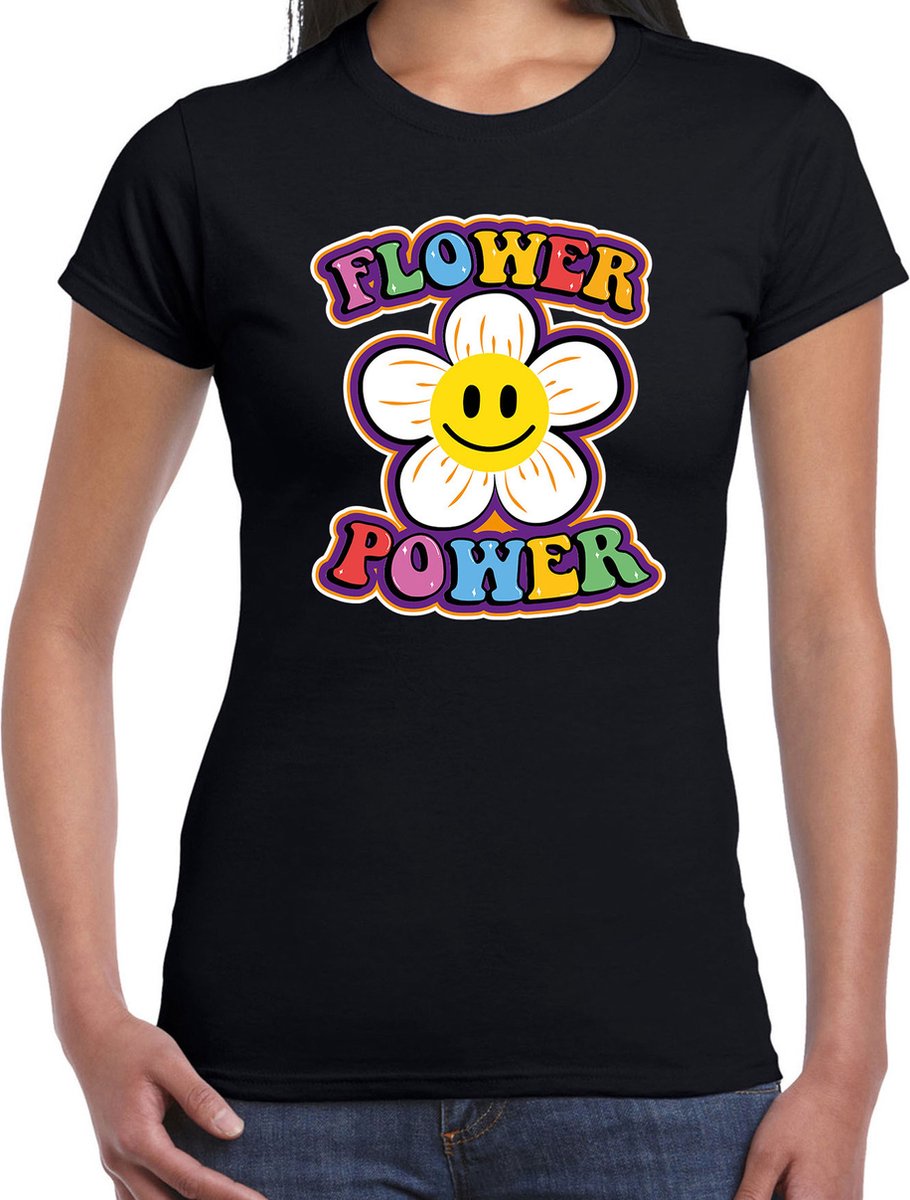 jaren 60 flower power verkleed shirt zwart met emoticon bloem dames hippie carnaval sixties jaren 60 kleding xxl Jaren 60 Flower Power - verkleed shirt - zwart - met emoticon bloem - dames - Hippie - carnaval - Sixties - jaren 60 kleding XXL