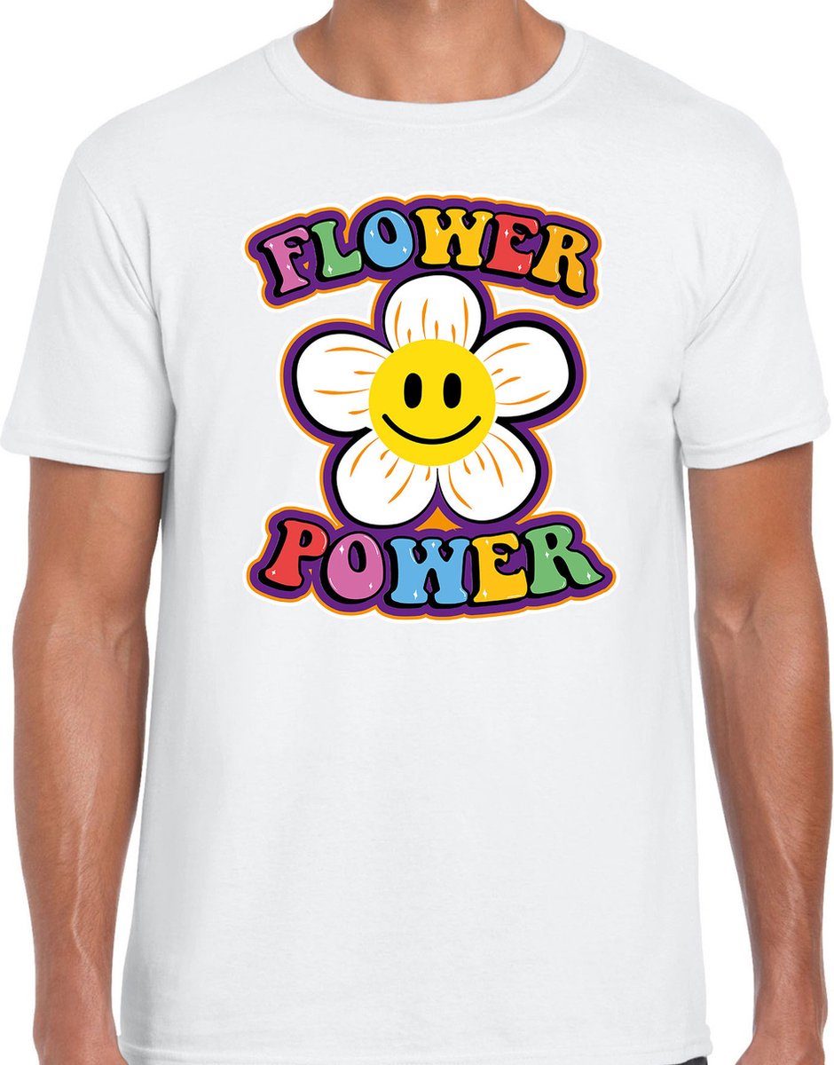 jaren 60 flower power verkleed shirt wit met emoticon bloem heren sixties/jaren 60 kleding s Jaren 60 Flower Power verkleed shirt wit met emoticon bloem heren - Sixties/jaren 60 kleding S